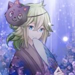 1boy alternate_costume blue_eyes close-up closed_mouth commentary crossed_bangs flower fox_mask green_hair hair_between_eyes hand_fan highres holding holding_fan japanese_clothes kimono light_smile looking_at_viewer male_focus mask mask_on_head medium_hair n_(pokemon) n_(summer_2022)_(pokemon) paper_fan pokemon pokemon_masters_ex shadow71580825 uchiwa 