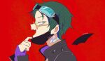 185238388 1boy bandaid black_hair fangs glasses gnosia goggles green_hair highres jacket jewelry long_sleeves looking_at_viewer male_focus mask mask_pull mouth_mask open_mouth parody red_background sha-ming shirt short_hair smile solo upper_body vampire_(vocaloid) vocaloid 