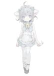  1girl ahoge animal_ears apron bare_shoulders bell cat_ears cat_girl cat_tail dress expressionless full_body grey_eyes grey_hair highres jingle_bell looking_at_viewer maid maid_apron maid_headdress original short_dress short_hair simple_background solo tail thigh-highs white_background white_thighhighs youyuu_(melt_yo103) zettai_ryouiki 