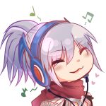  1boy :3 armor assassin_cross_(ragnarok_online) black_shirt chibi closed_eyes closed_mouth commentary_request grey_hair gyate_gyate hair_between_eyes headphones heart high_ponytail highres lanmei_jiang long_bangs male_focus musical_note pauldrons ragnarok_online red_scarf scarf shirt short_hair short_ponytail shoulder_armor simple_background smile solo upper_body white_background 