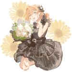  1girl :d aqua_eyes black_bow black_dress black_gloves bouquet bow crossed_bangs dress earrings floral_background flower frilled_gloves frills full_body gloves hair_bow hair_ornament highres hinoshita_kaho hinoshita_kaho_(17th_birthday) holding holding_bouquet jewelry legs_up link!_like!_love_live! looking_at_viewer love_live! medium_dress open_mouth orange_hair pale_color ponytail rabbit_hair_ornament sleeveless sleeveless_dress smile solo sunflower virtual_youtuber white_background zouzh_rn 