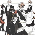  1girl 3boys aak_(arknights) animal_ears apron arknights black_hair black_jacket black_necktie black_pants black_shirt black_vest bug butler butterfly cat_boy cat_ears cocktail_glass cup dagger dog_boy dog_ears dragon_boy drinking_glass dual_wielding full_body furry furry_female furry_male gloves green_horns grey_ribbon hair_between_eyes hair_over_one_eye highres holding holding_dagger holding_knife holding_newspaper holding_plate holding_weapon horns hung_(arknights) jacket knife lee_(arknights) maid_apron maid_headdress multiple_boys multiple_views necktie newspaper orange_eyes pants plate ponytail red_horns round_eyewear shirt single_horn sirakaro slit_pupils standing tail tiger_ears tiger_girl tiger_tail towel_on_arm vest waai_fu_(arknights) weapon white_apron white_background white_gloves white_shirt 