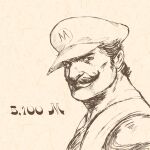  1boy anonymer_benutzer cabbie_hat chinese_commentary close-up closed_mouth commentary facial_hair from_side greyscale_with_colored_background hat lineart looking_at_viewer looking_to_the_side male_focus mario mustache short_hair solo super_mario_bros. 