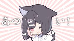  1girl ;d animal_ear_fluff animal_ears black_hair blush_stickers bow braid cat_ears cat_girl cat_tail chibi collared_shirt commentary_request hair_bow hair_ornament hairclip hand_up iku_kurumi jacket long_sleeves mofu-mofu_after_school mofumofu_channel off_shoulder one_eye_closed open_clothes open_jacket p19 pink_eyes puffy_long_sleeves puffy_sleeves shirt smile solo sunburst sunburst_background tail translation_request white_bow white_jacket white_shirt 