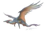  animal_focus claws dragon flying from_side full_body g.river highres horns monster no_humans orange_eyes original scales signature simple_background solo tail western_dragon white_background wings 