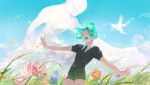  1other androgynous aqua_hair black_necktie blue_flower blue_sky bug butterfly chinese_commentary closed_eyes cloud_focus clouds cowboy_shot crystal_hair day dual_persona facing_ahead field flower flower_field gem_uniform_(houseki_no_kuni) glint grass happy highres houseki_no_kuni nature necktie open_mouth orange_flower other_focus outstretched_arms phosphophyllite phosphophyllite_(10000) puffy_short_sleeves puffy_sleeves purple_flower red_flower short_hair short_sleeves sky sparkle spoilers xiaoxiaoguguzi 