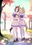  2girls air_groove_(umamusume) air_messiah_(umamusume) animal_ears arm_hug blurry bokeh bow bowtie breasts brown_footwear brown_hair cherry_blossoms clipboard depth_of_field ear_ornament full_body glasses green_hair grey_eyes holding holding_clipboard horse_ears horse_girl horse_tail loafers looking_at_another medium_breasts multiple_girls open_mouth outdoors petals petticoat puffy_short_sleeves puffy_sleeves purple_shirt romi_(346_ura) sailor_collar shirt shoes short_hair short_sleeves skirt small_breasts smile tail thigh-highs tree umamusume violet_eyes walking white_skirt white_thighhighs 