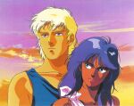 1980s_(style) 1boy 1girl afranshia_char blonde_hair blue_eyes clouds couple dusk everly_key gaia_gear green_eyes grin gundam key_visual kitazume_hiroyuki looking_at_another looking_to_the_side mullet official_art promotional_art purple_hair retro_artstyle scan smile tank_top traditional_media upper_body 