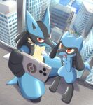  2others absurdres animal_ears building cellphone closed_mouth full_body highres holding indoors lucario multiple_others niku1441 no_humans open_mouth phone pokemon pokemon_(creature) red_eyes riolu selfie smartphone smile spikes standing tail window 