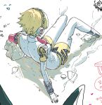  1girl aegis_(persona) arm_support bow bowtie from_above full_body headset joints knees_together_feet_apart knees_up looking_to_the_side on_ground oxnxgolfqt76300 persona persona_3 red_bow red_bowtie robot_girl robot_joints rock solo 