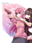  2girls artist_name badge black_thighhighs blue_skirt bocchi_the_rock! brown_hair crestfallen163 crossover girls_frontline glock_17_(girls&#039;_frontline) gotoh_hitori gun hair_between_eyes hair_ornament handgun hat highres holding holding_gun holding_weapon jacket multicolored_background multiple_girls open_mouth pink_hair pleated_skirt red_eyes self-upload shirt skirt thigh-highs track_jacket weapon white_shirt zipper 