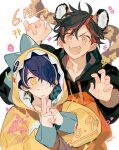  2boys ahoge animal_ears black_hair claw_pose closed_mouth ensemble_stars! fangs hood hood_up hoodie leopard_ears leopard_tail looking_at_viewer multicolored_hair multiple_boys nagumo_tetora open_mouth redhead salute sapphire_(nine) sengoku_shinobu smile streaked_hair tail two-finger_salute yellow_eyes yellow_hoodie 