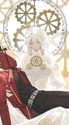  1girl 1other black_pants black_shirt carrying carrying_person clock clock_hair_ornament closed_eyes closed_mouth coat collared_shirt dante_(limbus_company) dress elbow_gloves faust_(project_moon) fire gear_hair_ornament gloves highres ivy_(675671) limbus_company long_sleeves necktie object_head pants pieta project_moon red_coat red_necktie shirt short_hair strapless white_dress white_gloves white_hair wing_collar 