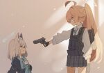  2girls ahoge aiming animal_ear_fluff animal_ears black_gloves black_jacket black_skirt blazer blue_archive blue_eyes blue_halo blue_scarf clenched_teeth closed_mouth collared_shirt extra_ears fingerless_gloves gloves grey_hair gun halo highres holding holding_gun holding_weapon hoshino_(blue_archive) jacket long_hair medium_hair multiple_girls official_alternate_costume official_alternate_hairstyle pink_hair pink_halo pleated_skirt ponytail scarf shiroko_(blue_archive) shirt skirt spoilers teeth wagashi928 weapon white_shirt wolf_ears 