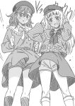  2girls :d :o arashi_chisato beret clothes_lift commentary_request dress feet_out_of_frame frilled_dress frills greyscale hat heart kneehighs looking_at_viewer love_live! love_live!_superstar!! marugoshi_teppei miniskirt monochrome multiple_girls neck_ribbon open_mouth ribbon shibuya_kanon short_dress shorts shorts_under_skirt skirt skirt_lift smile socks sound_effects translation_request 