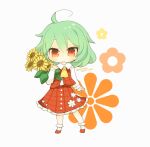  1girl ascot chibi field flower flower_field full_body green_hair highres kazami_yuuka one-hour_drawing_challenge plaid_clothes plaid_skirt plaid_vest red_eyes red_vest short_hair simple_background skirt skirt_set sunflower sunflower_field touhou vest yaco_(nuitnotte) yellow_ascot 