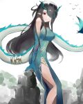  1girl absurdres aqua_dress arknights black_hair china_dress chinese_clothes colored_skin commentary dragon_girl dragon_horns dragon_tail dress dusk_(arknights) dusk_(everything_is_a_miracle)_(arknights) earrings fiery_tail gradient_skin green_horns green_skin hair_over_one_eye highres horns jewelry multicolored_hair obniermarbiss red_eyes sleeveless sleeveless_dress streaked_hair symbol-only_commentary tail tail_ornament tail_ring tassel tassel_earrings 