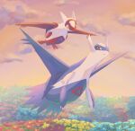  blue_wings clouds dragon flower flying highres keruasu0629 latias latios looking_at_another nature no_humans outdoors pokemon red_eyes red_wings wings yellow_eyes 