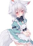  1girl animal_ear_fluff animal_ears apron black_bow blush bow bowtie closed_mouth cowboy_shot dress eip_(pepai) fox_ears fox_tail frilled_apron frills garter_straps green_dress grey_hair long_sleeves looking_at_viewer looking_up maid original red_eyes simple_background solo tail thigh-highs white_apron white_background white_thighhighs 