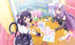  2girls :d :o animal_ear_fluff animal_ears artist_request bare_shoulders bell black_shirt blue_eyes blue_hair blue_skirt booth_seating bow bowtie cafe cat_ears cat_girl cat_tail center_frills chuchu_(show_by_rock!!) cup curly_hair cyan_(show_by_rock!!) detached_collar drawing_(object) drill_hair drink elbow_rest fang food fork frilled_hairband frilled_shirt frilled_skirt frills from_above hairband ice_cream indoors lens_flare long_hair multiple_girls neck_bell off_shoulder official_art open_mouth parfait pink_bow pink_bowtie pink_eyes pointing purple_hair rabbit_ears see-through see-through_sleeves shirt short_hair show_by_rock!! skirt smile sparkle spoon table tail teacup third-party_source white_hairband white_shirt window 