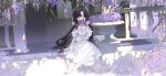  1girl aged_down arm_support black_hair butterfly_on_mouth dress flower full_body highres isolde_(reverse:1999) juliet_sleeves long_dress long_hair long_sleeves looking_at_viewer lumos puffy_sleeves purple_flower railing reverse:1999 shadow sitting solo sunlight violet_eyes white_dress wide_shot wisteria 