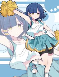  1girl aqua_footwear aqua_skirt arm_up bike_shorts bike_shorts_under_skirt black_shorts blue_hair bocchi_the_rock! cheerleader closed_mouth commentary_request expressionless foot_out_of_frame foot_up highres holding holding_pom_poms looking_at_viewer midriff miniskirt mole mole_under_eye pleated_skirt pom_pom_(cheerleading) shoes short_hair shorts shorts_under_skirt sidelocks skirt sneakers solo standing standing_on_one_leg tank_top torikoboshi yamada_ryo yellow_eyes zoom_layer 