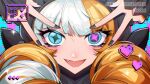  1girl blue_eyes close-up eye_symbol gwen_(league_of_legends) highres league_of_legends long_hair looking_at_viewer makeup mizilone multicolored_hair open_mouth orange_hair smile solo teeth upper_teeth_only white_hair 