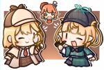  @_@ black_hat blush brown_hat brown_skirt chibi chibi_only coat commentary deerstalker detective english_commentary green_coat green_skirt hat highres hololive hololive_english long_sleeves moon_ldl nijisanji nijisanji_en pomu_rainpuff pomu_rainpuff_(4th_costume) skirt spiral-only_eyes takanashi_kiara virtual_youtuber watson_amelia watson_amelia_(1st_costume) |_| 