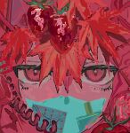  1girl abstract an1th1ngnb cable cheap_properties_(utau) collage commentary_request corded_phone expressionless food fruit half-closed_eyes highres kasane_teto leaf limited_palette looking_at_viewer maple_leaf no_mouth phone pink_eyes pink_theme portrait solo straight-on strawberry tomato utau 