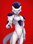  1boy absurdres alien arm_at_side artist_name bald black_lips black_nails commentary cowboy_shot dragon_ball dragon_ball_z evil_smile frieza hand_up highres hylran0427 index_finger_raised looking_at_viewer muscular muscular_male open_mouth pointing pointing_at_viewer red_background red_eyes simple_background smile solo tail teeth 