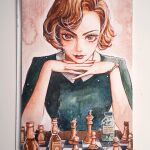  1girl anya_taylor-joy artist_name bad_source blue_dress board_game brown_hair chess chess_piece chessboard commentary_request dress elizabeth_harmon eyelashes karin_park korean_commentary light_smile looking_at_viewer painting_(medium) short_hair solo the_queen&#039;s_gambit traditional_media upper_body watch watch watercolor_(medium) 