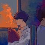  2boys bag black_hair clouds collared_shirt golden_hour hannnn highres kageyama_shigeo mob_psycho_100 multiple_boys redhead shirt suzuki_shou 