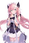  1girl alternate_costume animal_ears azur_lane bii_bii_(bronzeii002) cat_ears cheshire_(azur_lane) cheshire_(azur_lane)_(cosplay) closed_mouth commentary commission cosplay dress enmaided fake_animal_ears frilled_dress frills garter_straps green_eyes hands_up heart heart-shaped_pupils highres long_hair looking_at_viewer maid maid_headdress pink_hair skeb_commission smile solo steepled_fingers symbol-shaped_pupils theseus_(azur_lane) thigh-highs white_garter_straps white_thighhighs 