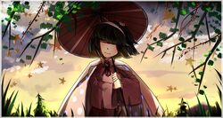  1other ^_^ amanomiya_jun androgynous black_hair blunt_bangs blunt_ends cape closed_eyes closed_mouth clouds collared_cape commentary dot_nose english_commentary falling_leaves grass grey_hakama hairband hakama holding holding_umbrella japanese_clothes leaf len&#039;en long_sleeves mountain neck_ribbon other_focus outdoors pink_shirt polka_dot_cape red_ribbon red_umbrella ribbon rifpas shirt short_hair sky smile solo sunset umbrella umbrella_hair_ornament umbrella_over_shoulder upper_body white_cape white_hairband wide_sleeves yellow_sky 