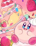  blush_stickers cake colored_skin confetti fafameow food food_on_face fruit green_skin highres kirby kirby&#039;s_dream_buffet kirby_(series) no_humans pink_skin smile solid_oval_eyes star_(symbol) strawberry 