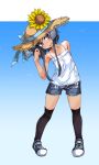  1girl absurdres alternate_costume black_hair black_thighhighs blue_background blue_footwear blue_shorts brown_eyes brown_hat camisole cutoffs denim denim_shorts flower full_body gradient_background hat hat_flower highres kantai_collection leaning_to_the_side looking_at_viewer narumiya_(narumiya) open_mouth shoes short_hair short_hair_with_long_locks shorts sneakers solo straw_hat sun_hat sunflower thigh-highs tokitsukaze_(kancolle) white_camisole 