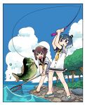  2girls arms_up black_sailor_collar blue_eyes blue_hair blue_sky brown_hair clip_studio_paint_(medium) clouds colored_tips fish fish_request fishing fishing_rod flip-flops full_body hat holding holding_fishing_rod holding_net kantai_collection looking_at_animal mini_hat multicolored_hair multiple_girls nature neckerchief no_pants no_socks open_mouth outdoors river rock sailor_collar sandals school_uniform serafuku shirt short_hair sky sleeves_pushed_up smile speaking_tube_headset standing thick_eyebrows tokitsukaze_(kancolle) tonmoh tree two-handed v-shaped_eyebrows white_hair white_shirt yellow_eyes yellow_neckerchief yukikaze_(kancolle) 