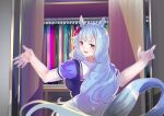  1girl animal_ears blue_hair blush closet commentary_request commission doushi_tatsu_to_dekkai_no ear_ornament elbow_gloves gloves highres horse_ears horse_girl horse_tail looking_at_viewer mejiro_ardan_(umamusume) open_mouth pixiv_commission puffy_short_sleeves puffy_sleeves purple_shirt school_uniform shirt short_sleeves smile solo summer_uniform tail textless_version tracen_school_uniform umamusume upper_body violet_eyes 