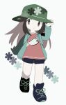  1girl :o bike_shorts black_footwear commentary_request eyelashes fanny_pack full_body green_hat hand_on_headwear hand_up hat highres jacket leaf_(pokemon) leaf_(sygna_suit)_(pokemon) long_hair long_sleeves looking_to_the_side milkpeachi official_alternate_costume open_clothes open_jacket pink_shirt pokemon pokemon_masters_ex shirt shoes solo white_background white_bag 