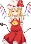  1girl ascot blonde_hair blush cowboy_shot crystal_wings dress flandre_scarlet hat hat_ribbon highres pointy_ears puffy_short_sleeves puffy_sleeves red_dress red_ribbon ribbon short_sleeves simple_background smile solo tksand touhou white_background white_mob_cap yellow_ascot 