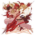  1boy character_name demon_horns fire full_body gold_necklace hair_between_eyes hexagram horns jewelry kagami_taiga kuroko_no_basuke male_focus necklace pants pointy_ears polearm red_eyes redhead sharp_toenails short_hair simple_background solo spear star_of_david teeth toenails topless_male waco_(misonobu) weapon white_background white_pants 