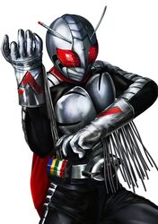  1boy antennae armor belt bodysuit bug compound_eyes gloves glowing glowing_eyes grasshopper highres horns kamen_rider kamen_rider_super-1 kamen_rider_super-1_(series) male_focus mask masukudo_(hamamoto_hikaru) red_eyes red_scarf rider_belt scarf simple_background solo thighs tokusatsu white_background 