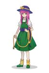  1girl blue_hat blush cable dress full_body green_dress green_eyes green_footwear hand_up hashtag-only_commentary hat hat_ribbon heart highres holding holding_cable lily&#039;s_well lily_(lily&#039;s_well) long_hair looking_at_viewer open_mouth pastea pinafore_dress pink_hair pocket puffy_short_sleeves puffy_sleeves ribbon rope shadow shirt short_sleeves sidelocks simple_background sleeveless sleeveless_dress socks solo standing white_background white_shirt yellow_ribbon yellow_socks 
