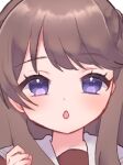  1girl blush brown_hair chestnut_mouth close-up commentary_request cropped fujishima_megumi hand_up hasu_no_sora_school_uniform link!_like!_love_live! long_hair looking_at_viewer love_live! nirukachi open_mouth sailor_collar school_uniform solo two_side_up violet_eyes virtual_youtuber white_sailor_collar winter_uniform 