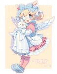  1girl angel_wings animal animal_hug apron artist_name bag bell blanket blonde_hair blue_bow blue_eyes blue_footwear border bow commentary_request commission commissioner_name cutesu_(cutesuu) dress english_text eyepatch feathered_wings frilled_bow frilled_socks frills full_body hair_bell hair_bow hair_ornament head_wings holding holding_animal holding_blanket kneehighs lace-trimmed_dress lace_trim layered_sleeves light_blush long_sleeves mary_janes medical_eyepatch multiple_hair_bows open_mouth original outline outside_border pink_dress pink_sleeves pink_socks pleated_skirt puffy_short_sleeves puffy_sleeves ribbon-trimmed_dress shoes short_dress short_hair short_over_long_sleeves short_sleeves shoulder_bag simple_background skeb_commission skirt smile socks solo starry_background thank_you usamata white_apron white_bag white_border white_bow white_outline white_sleeves white_wings wings yellow_background 