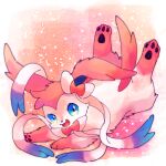  blue_eyes bow commentary_request fang fangs full_body looking_at_viewer lying no_humans open_mouth pawpads pokemon pokemon_(creature) pokemon_focus ribbon satan_(zoroa553) smile solo star_(symbol) sylveon 