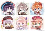  3boys 3girls :d :o ^^^ ahoge alhaitham_(genshin_impact) arrow_(symbol) ascot beret black_gloves black_hat black_shirt blue_background blue_eyes blue_hair blue_hat blunt_bangs blunt_ends blush blush_stickers border bow bow-shaped_hair braid braided_bangs bridal_gauntlets cable cape chicken_sandwich clenched_hands collared_shirt commentary_request crossed_bangs dangle_earrings detached_collar detached_sleeves earrings elbow_gloves food food_on_face gameplay_mechanics genshin_impact genshin_impact_sticker_redraw_(meme) gloves gradient_hair green_cape green_eyes green_hair grey_background grey_eyes grey_hair grey_jacket hair_between_eyes hands_up hat healing highres holding holding_tray holding_weapon index_finger_raised jacket jewelry jingasa long_hair long_sleeves looking_at_viewer mask mask_on_head meme multicolored_hair multiple_boys multiple_girls nekorune_(bukubuku_awai) noelle_(genshin_impact) noelle_(kfc)_(genshin_impact) official_alternate_costume open_clothes open_jacket open_mouth orange_hair outside_border outstretched_arm parted_bangs partially_fingerless_gloves pink_background pink_hair pointing popped_collar puffy_long_sleeves puffy_sleeves purple_bow purple_hair red_ascot red_hat red_mask red_shirt sangonomiya_kokomi scaramouche_(genshin_impact) shirt short_hair sidelocks simple_background single_braid single_earring sleeveless sleeveless_shirt smile sparkle surprised swept_bangs tartaglia_(genshin_impact) tassel teeth tray upper_teeth_only v-shaped_eyebrows violet_eyes vision_(genshin_impact) wanderer_(genshin_impact) water weapon white_border white_gloves white_jacket white_sleeves wide-eyed yanfei_(genshin_impact) yellow_background 