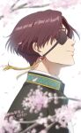  1boy brown_eyes brown_hair cherry_blossoms earrings eyepatch hayato_suou highres jacket jewelry ringo_aneki short_hair smile solo undershirt upper_body wind_breaker_(nii_satoru) 