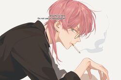  1boy aqua_eyes arm_rest black_shirt collared_shirt ear_piercing expressionless eyelashes glasses leaning_forward looking_at_viewer male_focus piercing pink_hair portrait sanzu_haruchiyo scar scar_on_face shirt simple_background smoking solo tokyo_revengers wolf_cut yoursunfy 