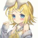  1girl :&lt; bare_shoulders blonde_hair blue_eyes blush bow earphones earphones grey_jacket grey_sailor_collar hair_bow hair_ornament hairclip highres jacket kagamine_rin looking_at_viewer neckerchief number_tattoo open_clothes open_jacket sailor_collar shirt short_hair shoulder_tattoo sleeveless sleeveless_shirt sleeves_past_wrists solo swept_bangs tattoo treble_clef tsutsuji_(suisai02) vocaloid yellow_nails yellow_neckerchief zipper 